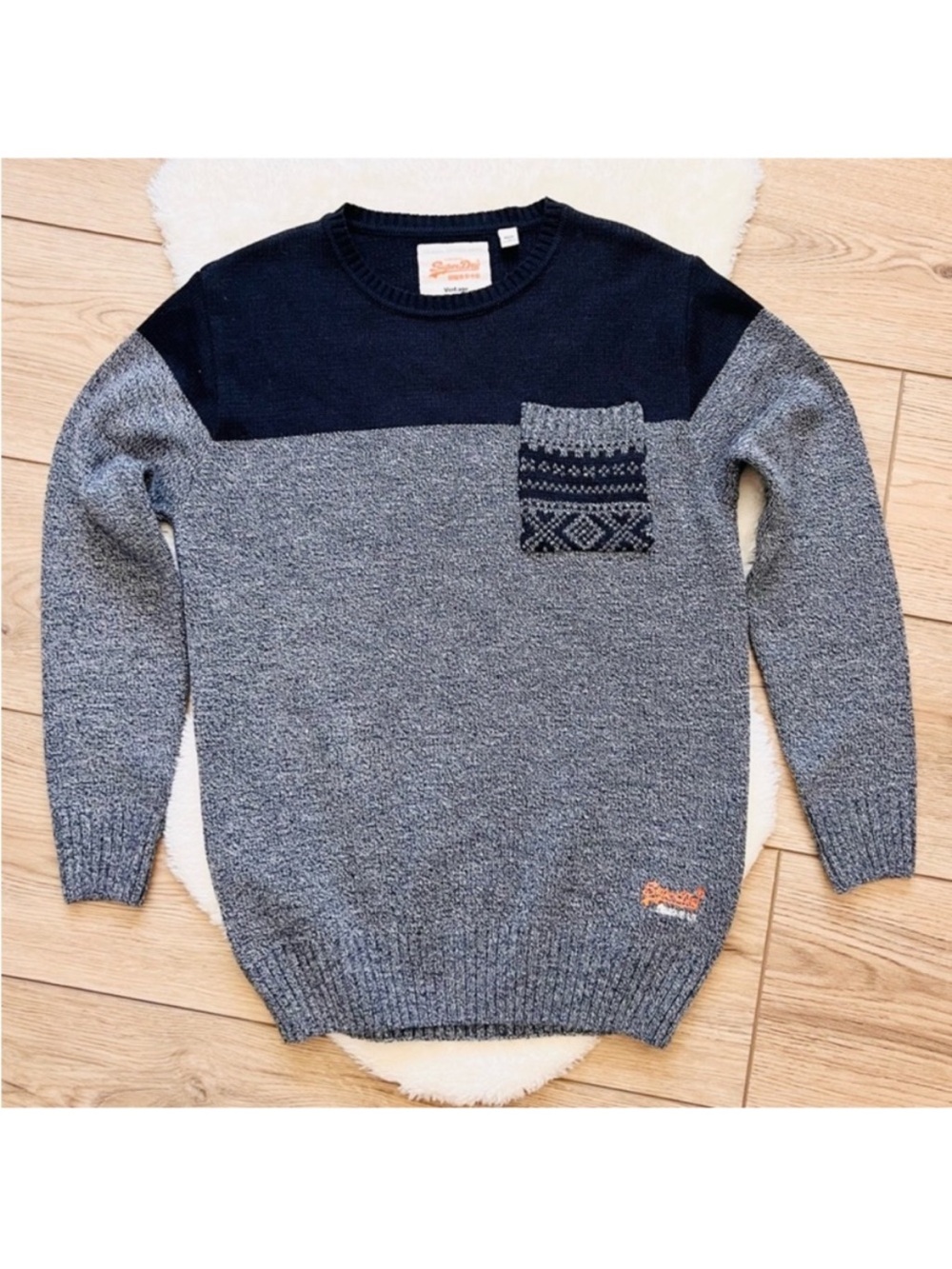 Superdry Men’s Navy and Gray Crewneck with Patterned Pocket